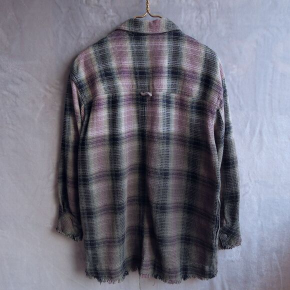 FREE PEOPLE Anneli Plaid Shirt Jacket Size M Waffle Fringe Hem Oversized Boho - Picture 3 of 11